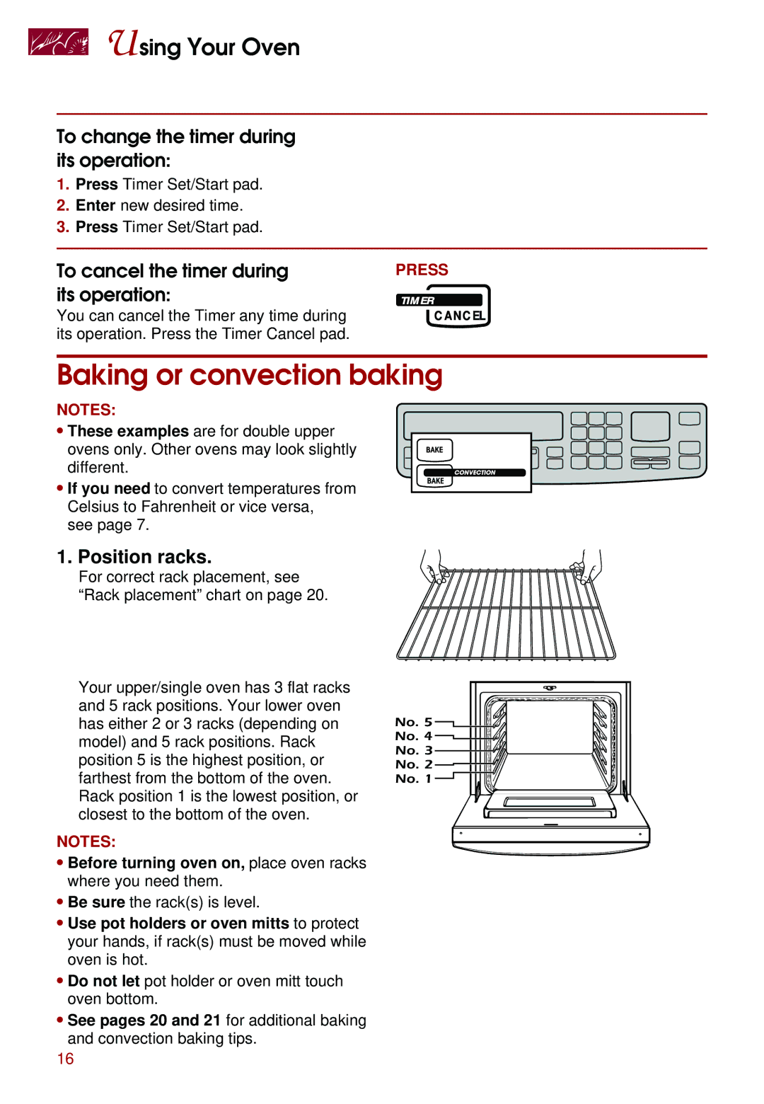 Whirlpool KEBS247D, KEBS278D warranty Baking or convection baking, To change the timer during its operation, Position racks 