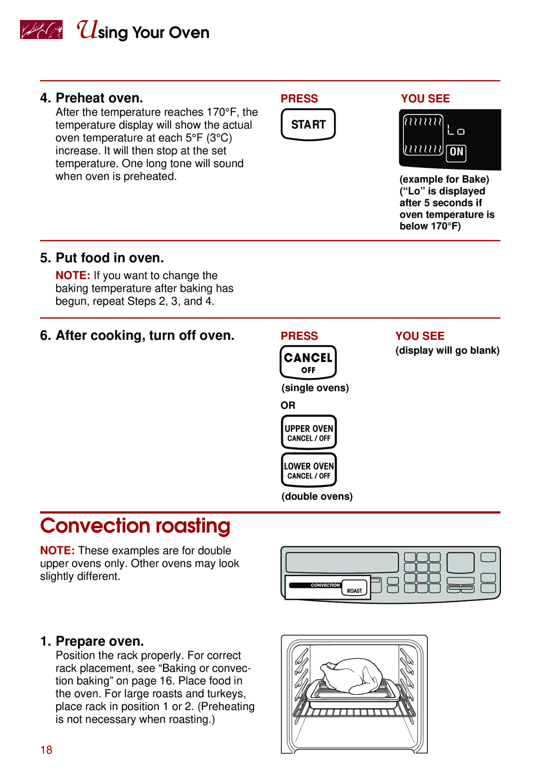 Whirlpool KEBS277D warranty Convection roasting, Preheat oven, Put food in oven, After cooking, turn off oven, Prepare oven 