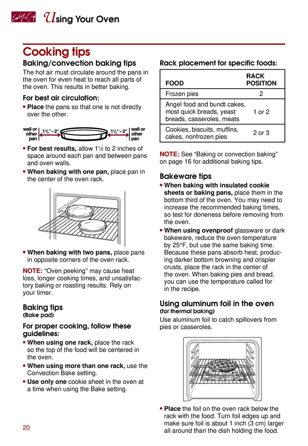 Whirlpool KEBS177D, KEBS247D, KEBS278D, KEBS277D Cooking tips, Baking/convection baking tips, Baking tips, Bakeware tips 