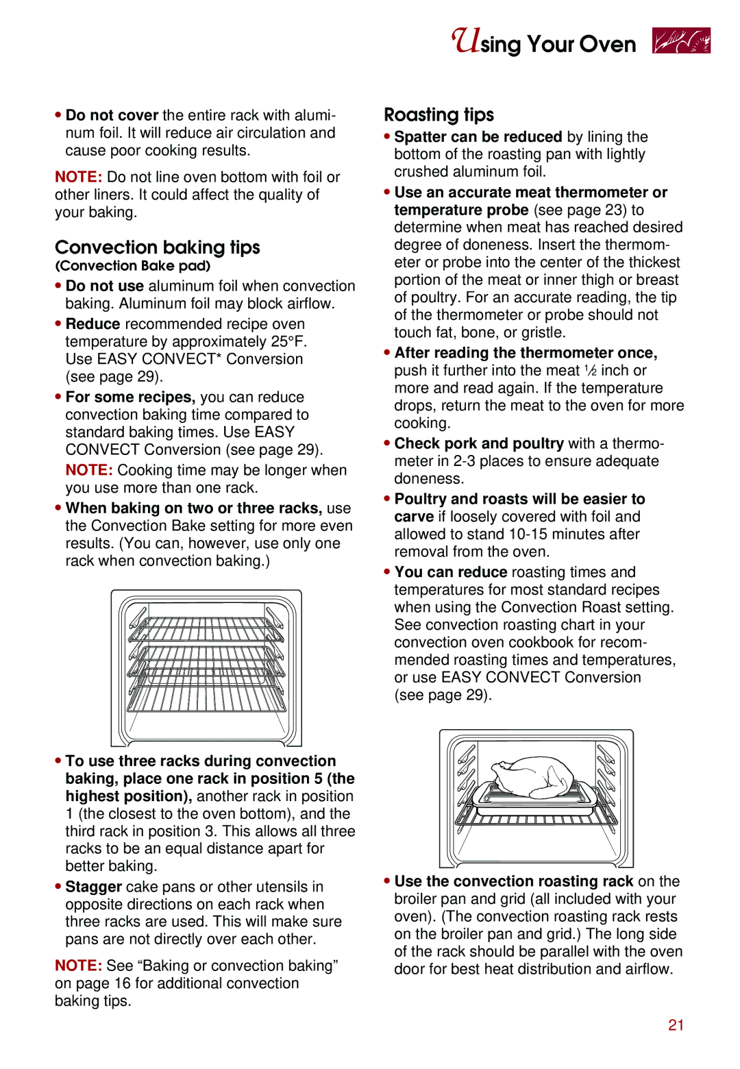 Whirlpool KEBS107D, KEBS247D, KEBS278D, KEBS277D, KEBS208D, KEBS177D, KEBS147D, KEBS207D Convection baking tips, Roasting tips 