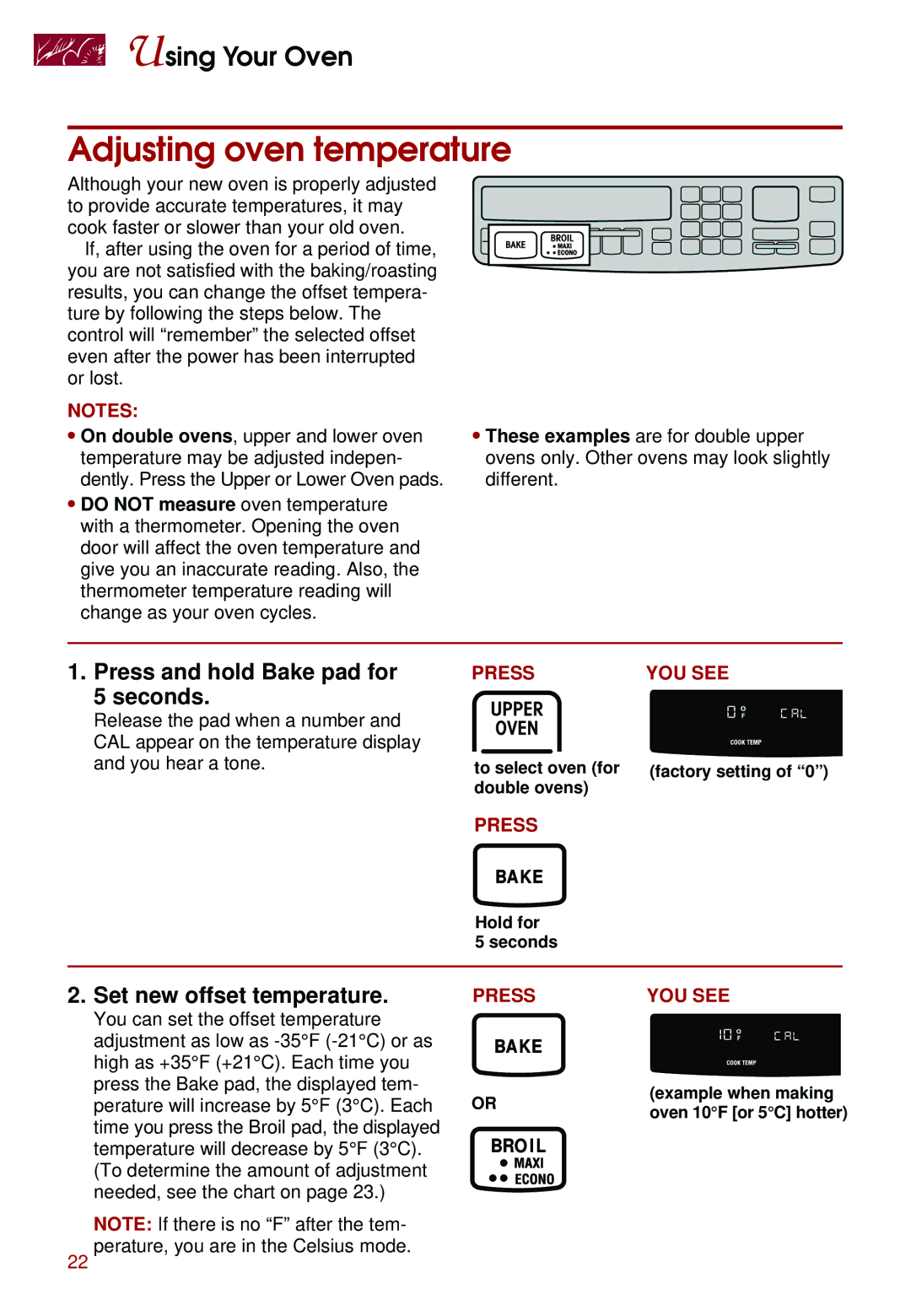 Whirlpool KEBS147D, KEBS247D Adjusting oven temperature, Press and hold Bake pad for Seconds, Set new offset temperature 