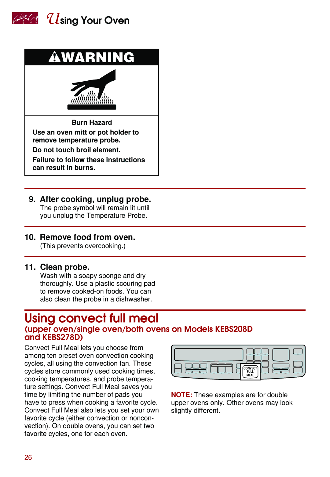 Whirlpool KEBS277D, KEBS247D Using convect full meal, After cooking, unplug probe, Remove food from oven, Clean probe 