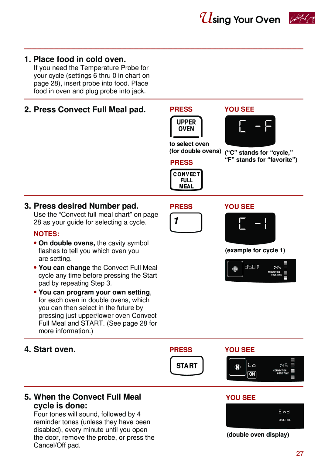 Whirlpool KEBS208D, KEBS247D Place food in cold oven, Press Convect Full Meal pad. Pressyou see, Press desired Number pad 