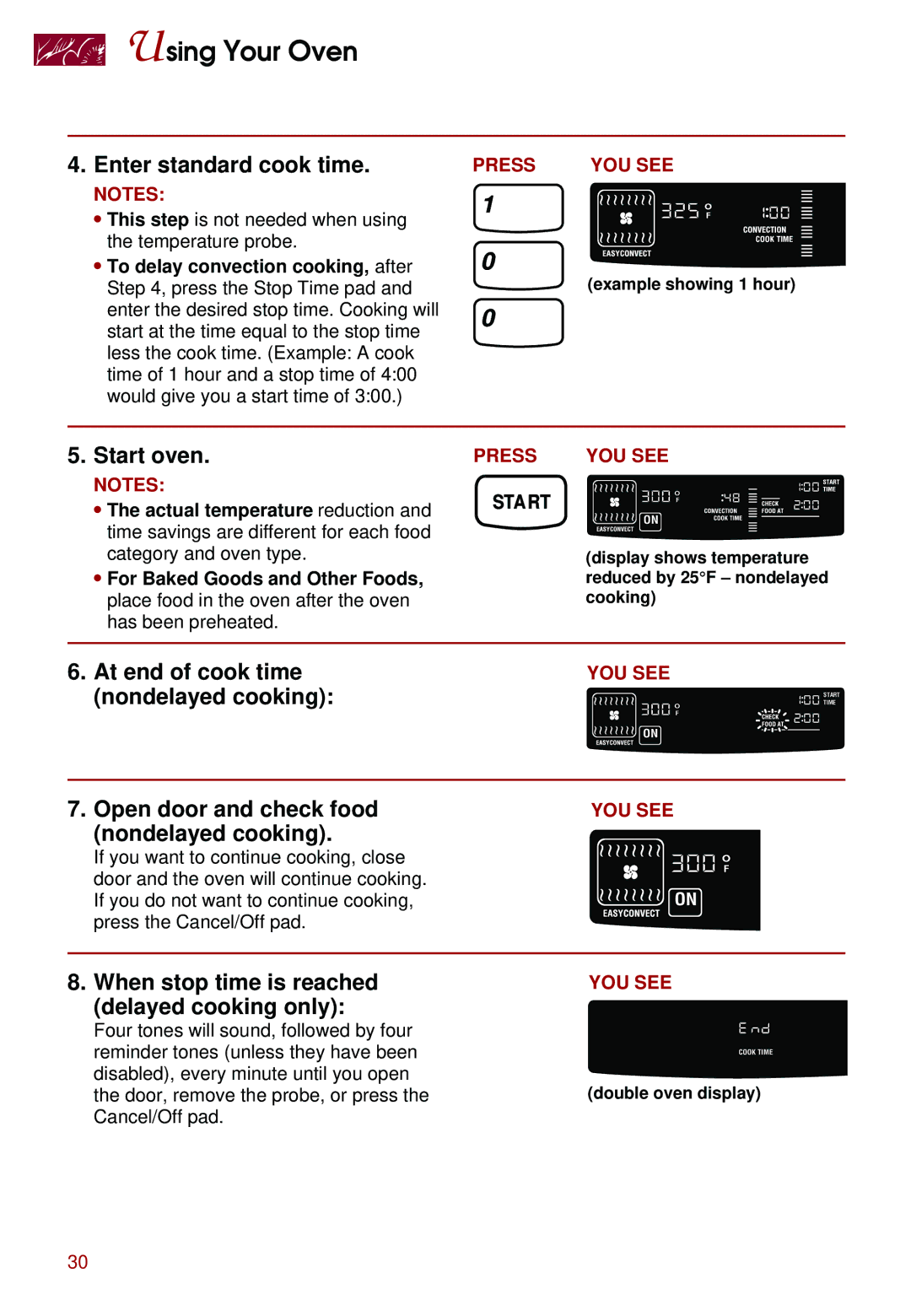 Whirlpool KEBS147D, KEBS247D, KEBS278D, KEBS277D, KEBS208D Enter standard cook time, At end of cook time nondelayed cooking 