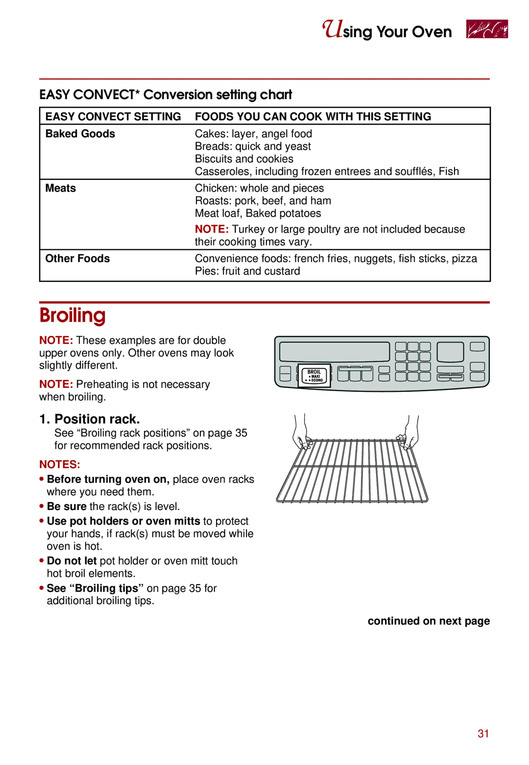 Whirlpool KEBS207D, KEBS247D, KEBS278D, KEBS277D, KEBS208D Broiling, Easy CONVECT* Conversion setting chart, Position rack 