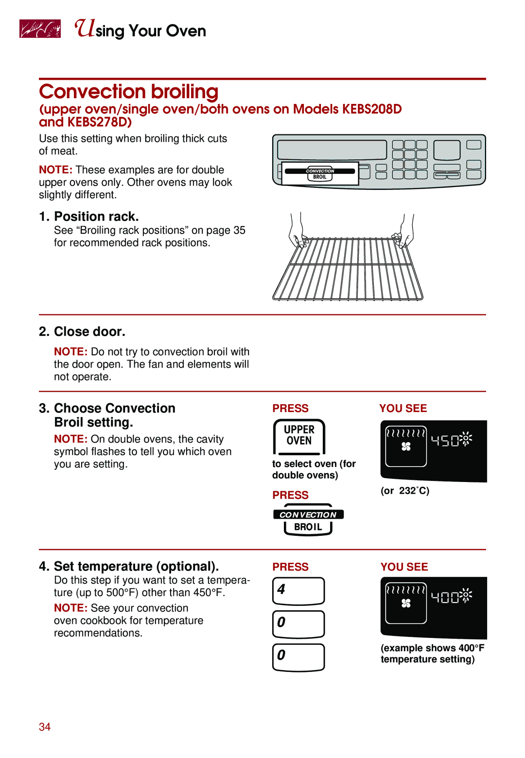 Whirlpool KEBS277D, KEBS247D, KEBS278D, KEBS208D, KEBS177D Convection broiling, Close door Choose Convection, Broil setting 