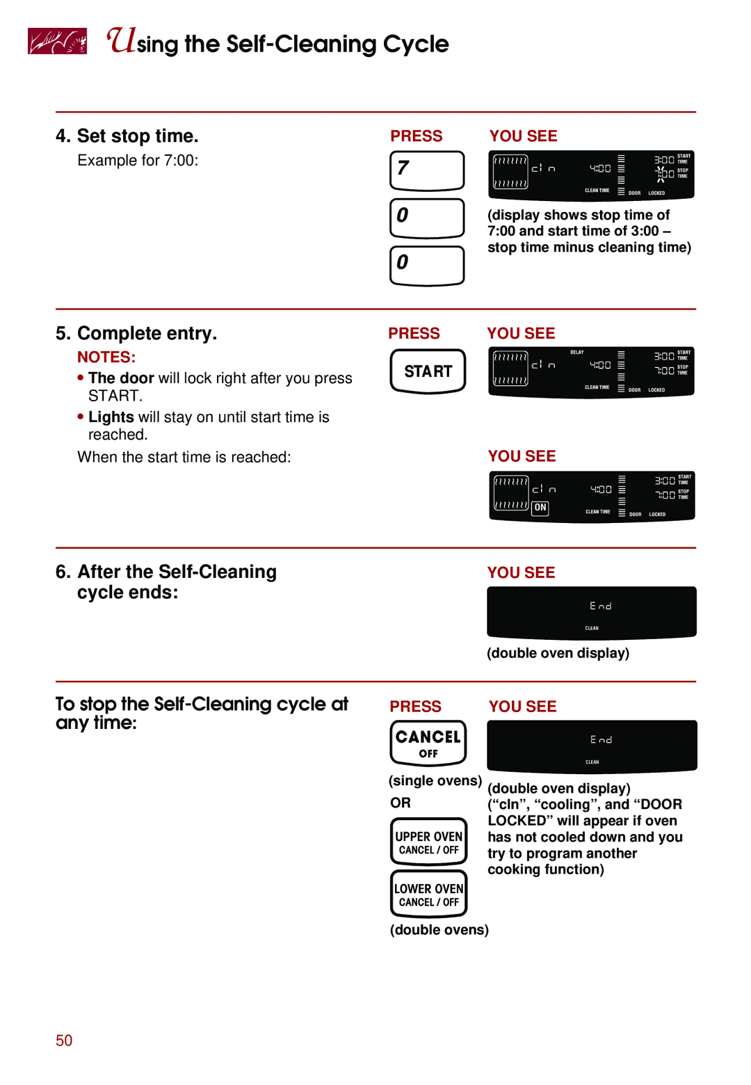 Whirlpool KEBS277D Complete entry, After the Self-Cleaning cycle ends, To stop the Self-Cleaning cycle at any time, Start 