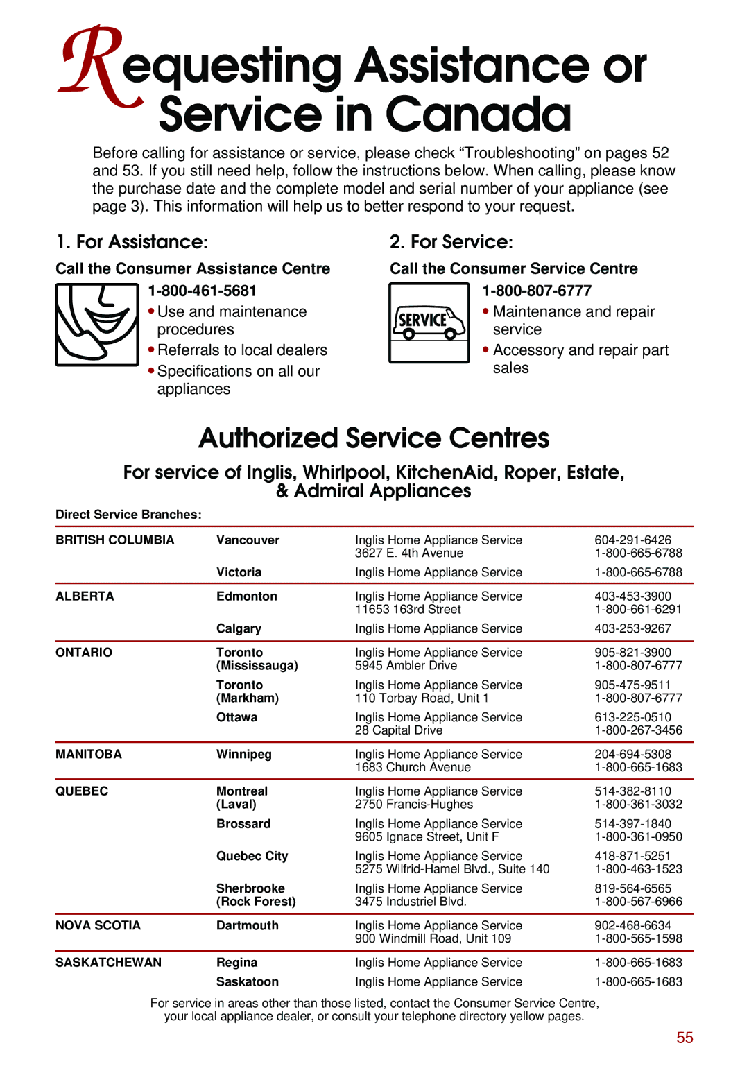 Whirlpool KEBS207D, KEBS247D, KEBS278D, KEBS277D Requesting Assistance or Service in Canada, For Assistance For Service 