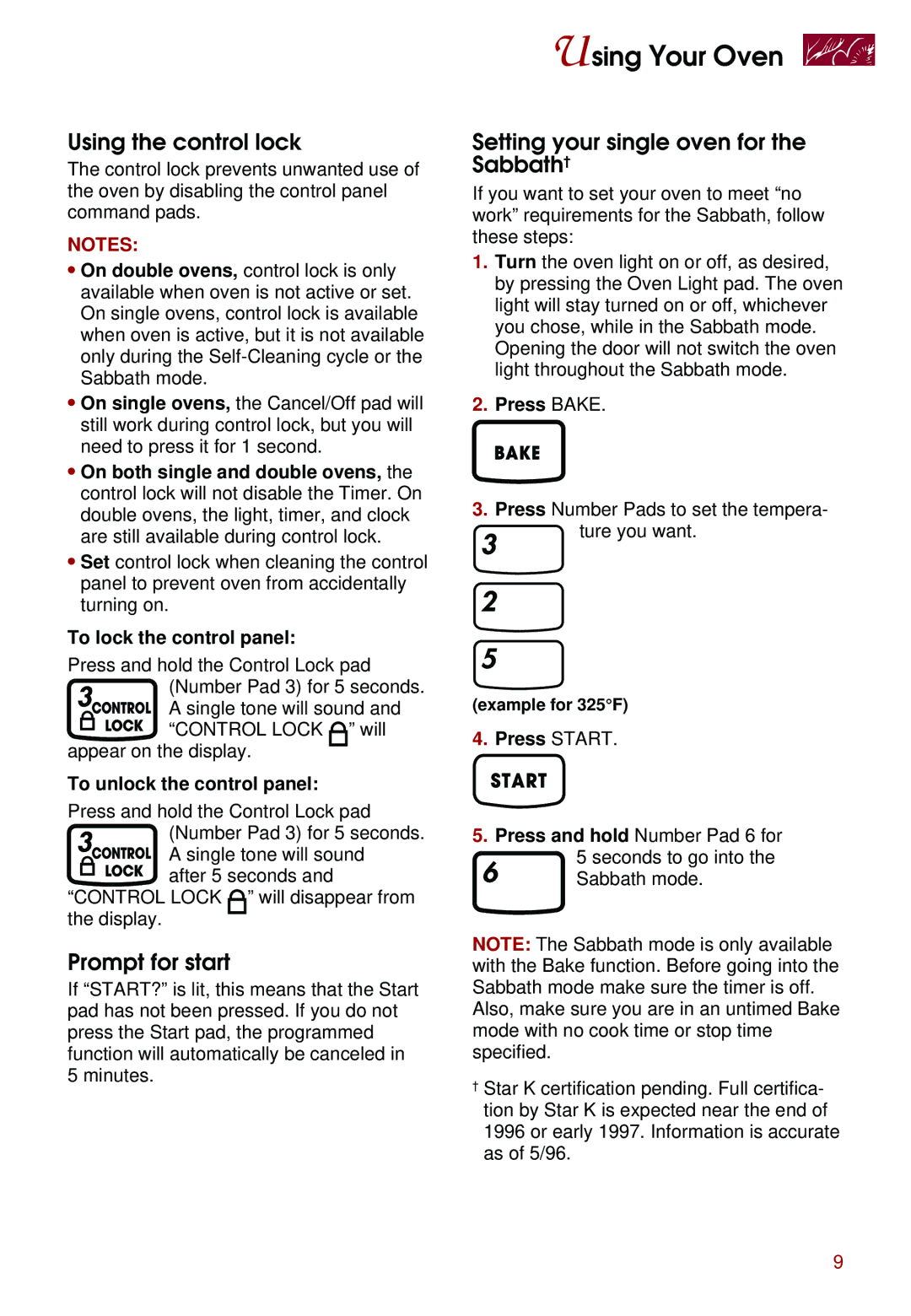 Whirlpool KEBS278D, KEBS247D, KEBS277D Using the control lock, Setting your single oven for the Sabbath†, Prompt for start 