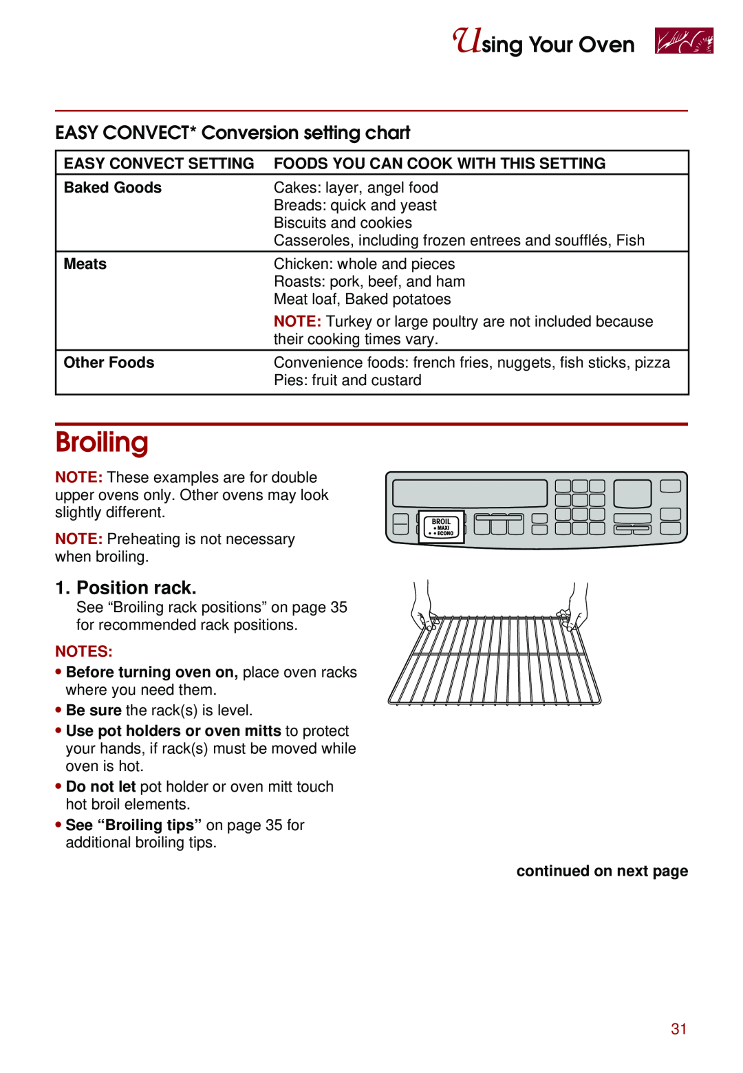 Whirlpool KEBS207D, KEBS247D, KEBS278D Broiling, EASY CONVECT* Conversion setting chart, Position rack, Using Your Oven 