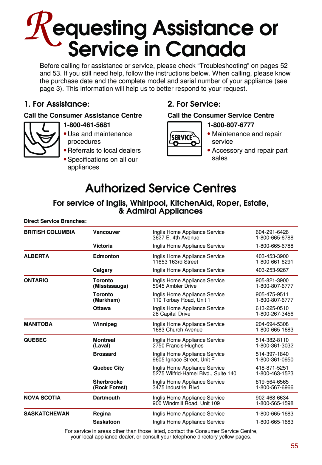 Whirlpool KEBS207D Requesting Assistance or Service in Canada, Authorized Service Centres, For Assistance, For Service 