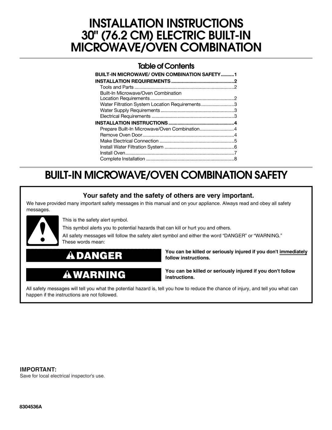 Whirlpool KEHU309SSS installation instructions BUILT-IN MICROWAVE/OVEN Combination Safety, Table of Contents 