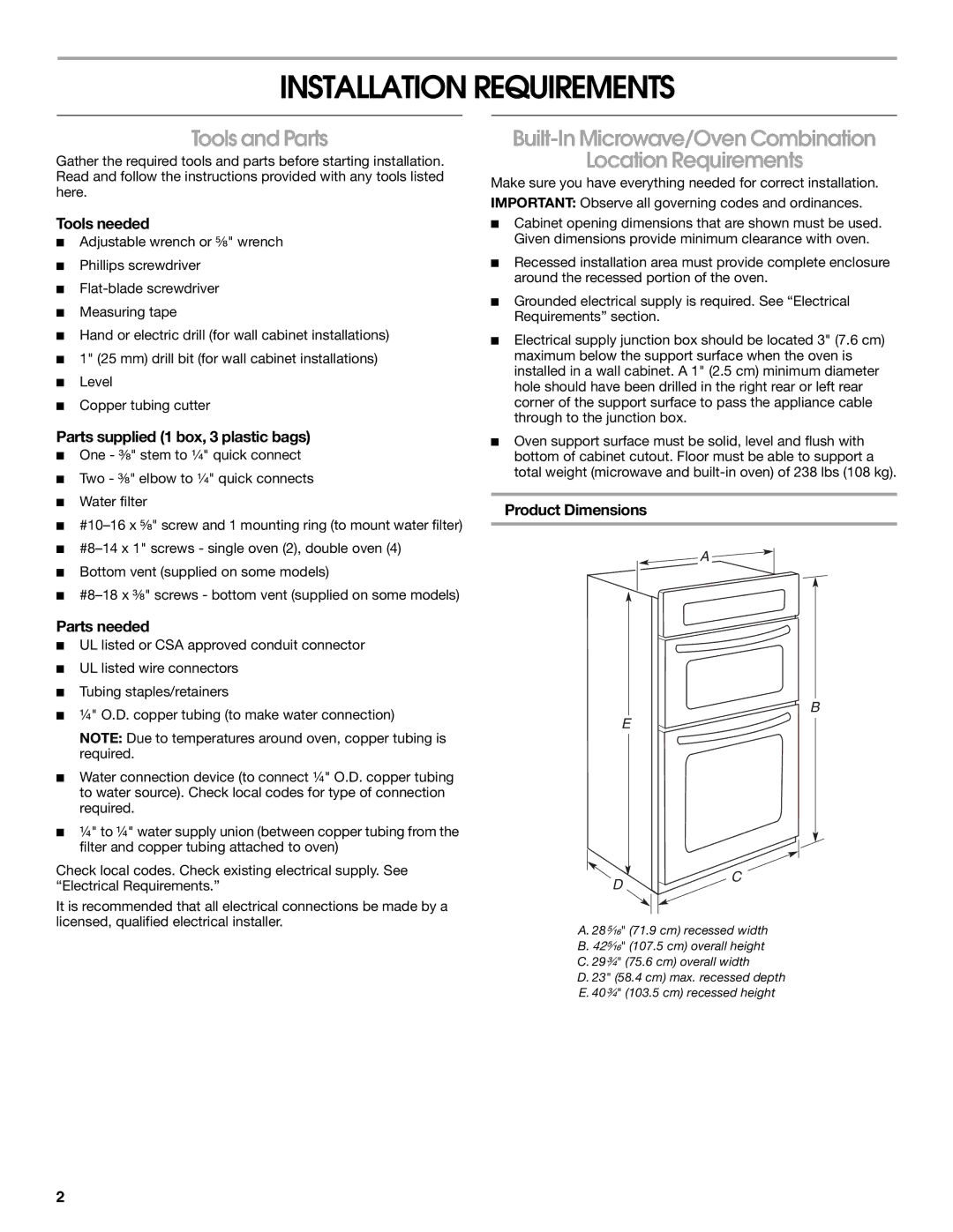 Whirlpool KEHU309SSS Installation Requirements, Tools and Parts, Built-In Microwave/Oven Combination Location Requirements 