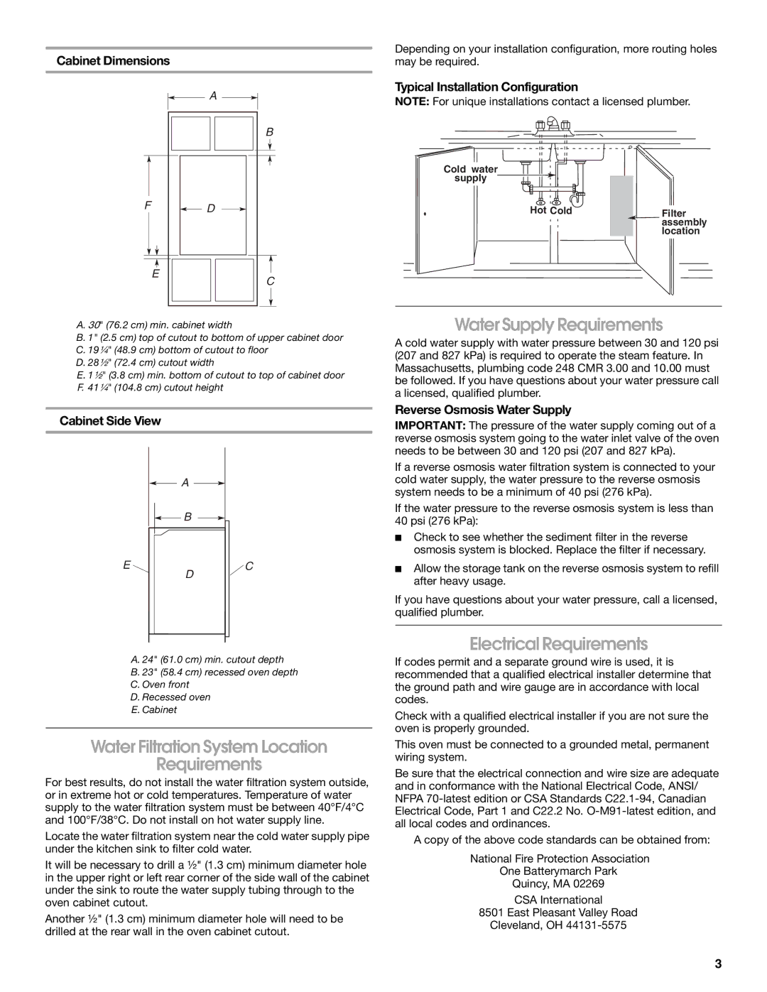 Whirlpool KEHU309SSS Water Filtration System Location Requirements, Water Supply Requirements, Electrical Requirements 