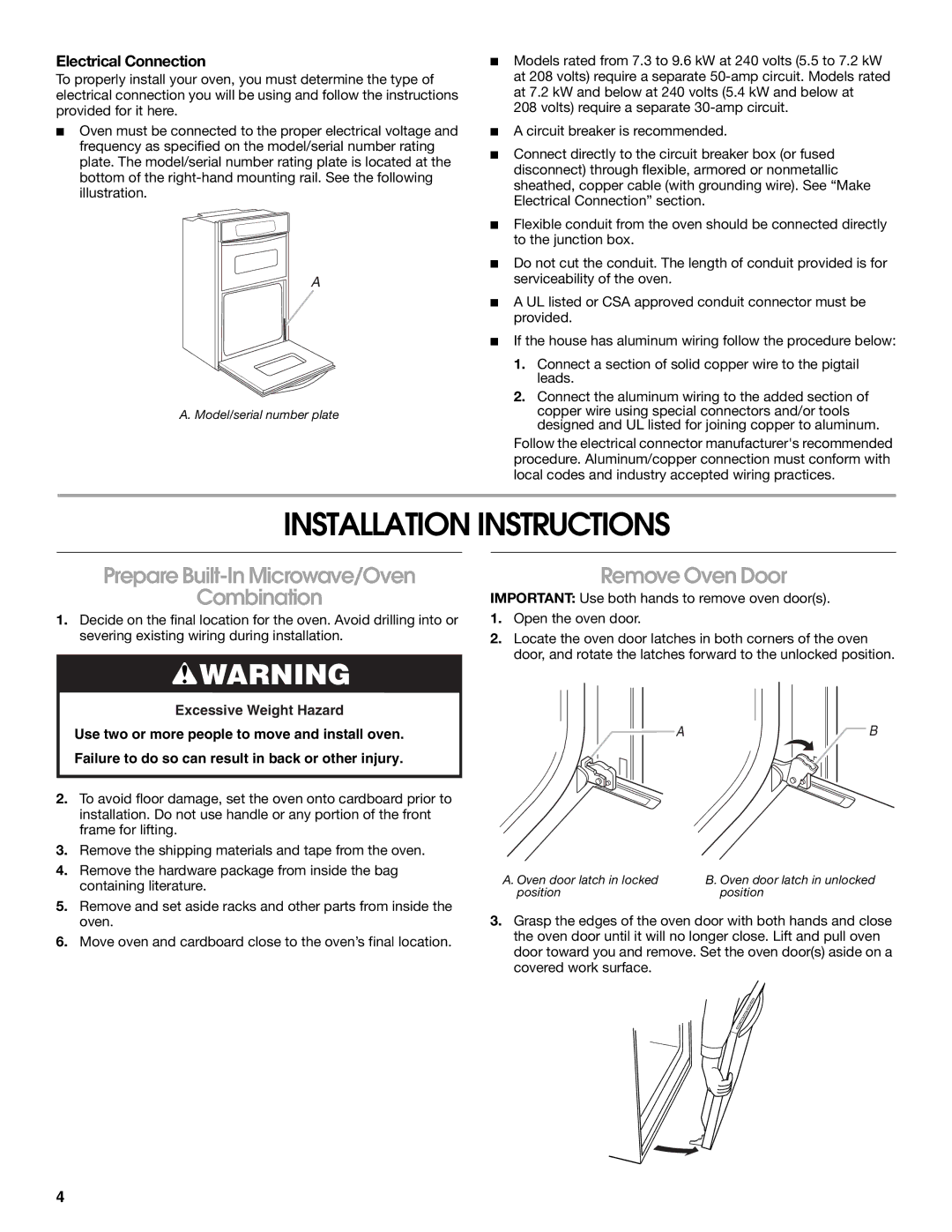 Whirlpool KEHU309SSS Installation Instructions, Prepare Built-In Microwave/Oven Combination, Remove Oven Door 