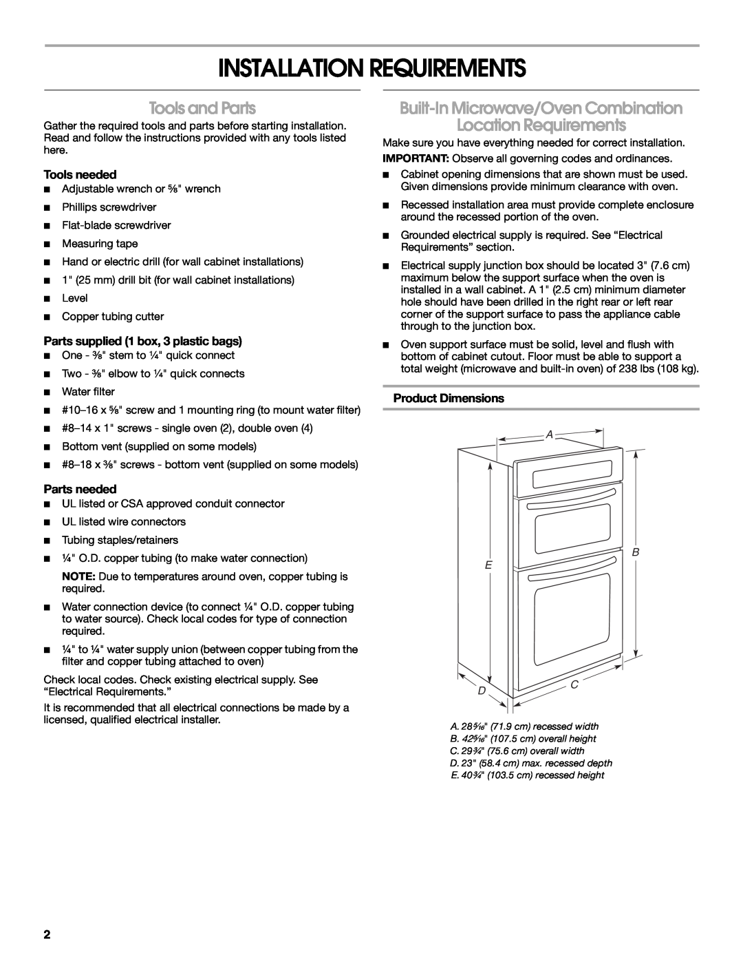 Whirlpool KEHU309SSS Installation Requirements, Tools and Parts, Built-In Microwave/Oven Combination Location Requirements 