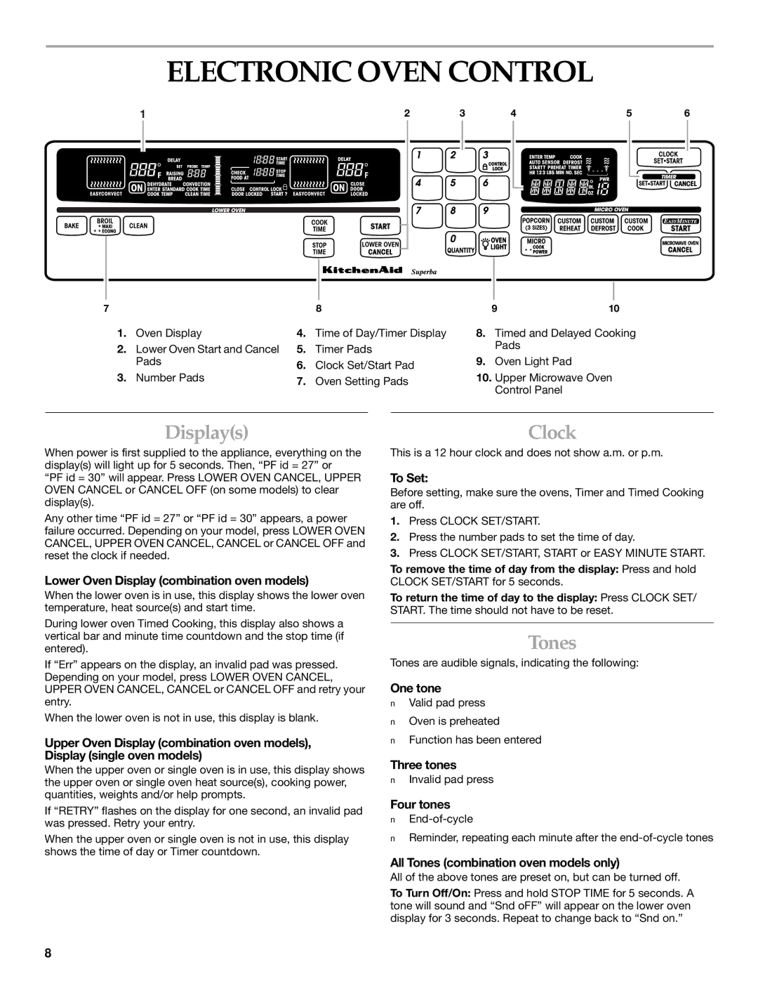 Whirlpool KEMI301G, KEMI371G manual Electronic Oven Control, Displays, Clock, Tones 