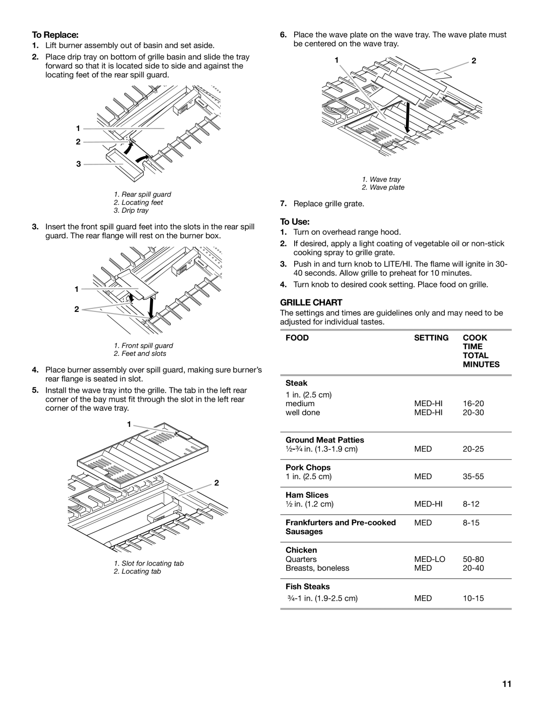 Whirlpool KGCP463, KGCP487, KGCP484, KGCP467, KGCP482 To Replace, To Use, Grille Chart, Food Setting Cook Time Total Minutes 