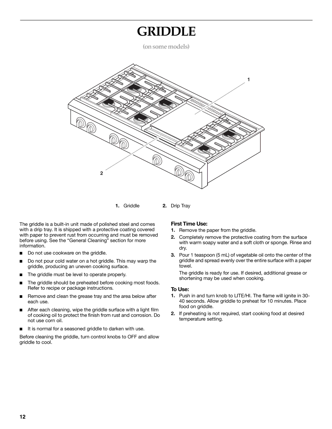 Whirlpool KGCP483, KGCP487, KGCP484, KGCP467, KGCP482, KGCP463, KGCP462 manual First Time Use, Griddle Drip Tray 