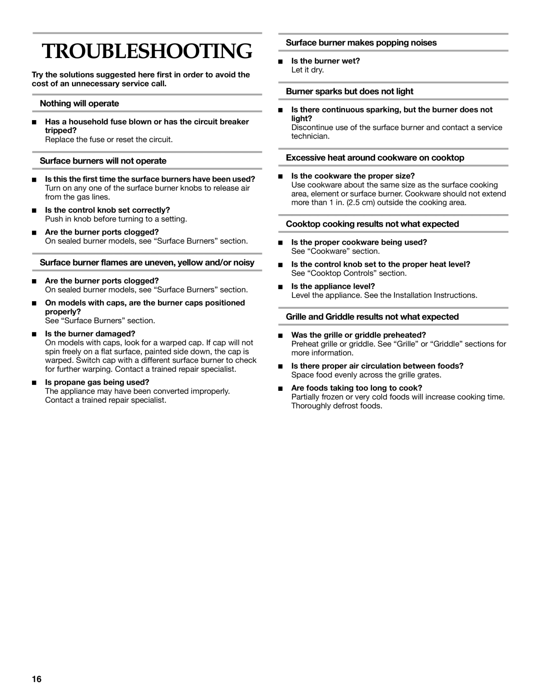 Whirlpool KGCP467, KGCP487, KGCP484, KGCP482, KGCP463, KGCP483, KGCP462 manual Troubleshooting 