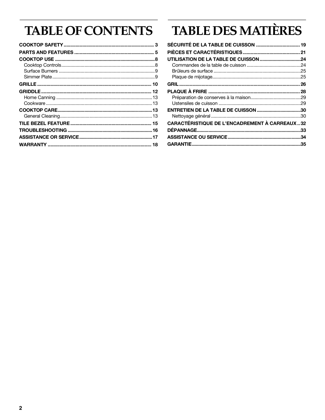 Whirlpool KGCP467, KGCP487, KGCP484, KGCP482, KGCP463, KGCP483, KGCP462 manual Table of Contents Table DES Matières 