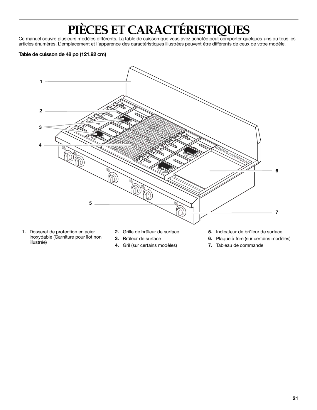 Whirlpool KGCP487, KGCP484, KGCP467, KGCP482, KGCP463, KGCP483 Pièces ET Caractéristiques, Table de cuisson de 48 po 121.92 cm 