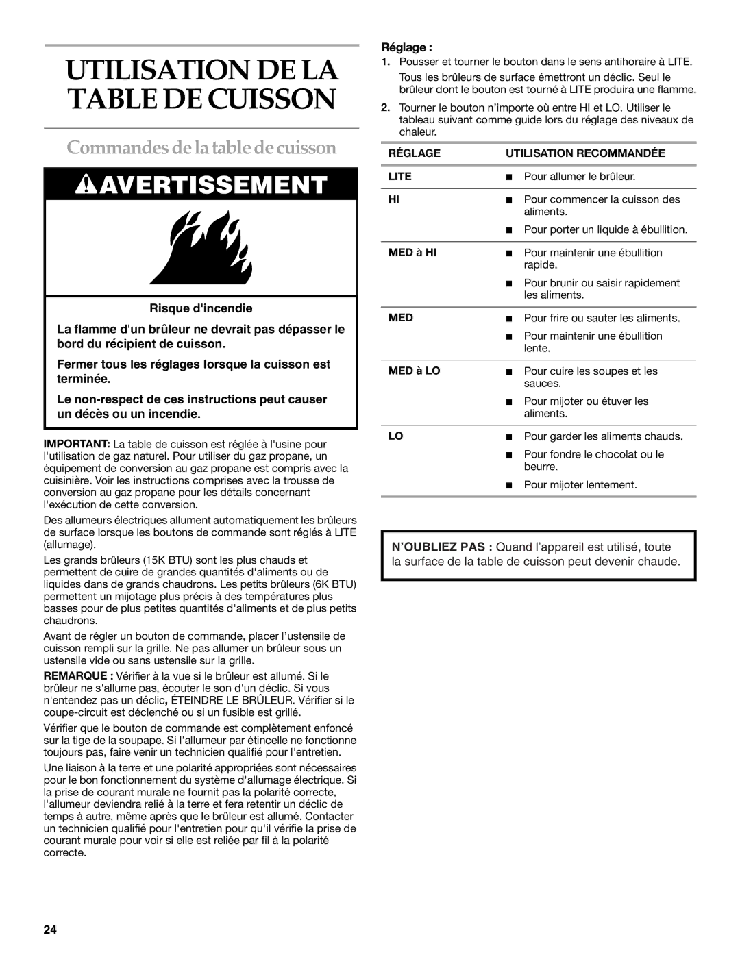 Whirlpool KGCP482, KGCP487 Commandes de la table de cuisson, Réglage Utilisation Recommandée Lite, MED à HI, MED à LO 