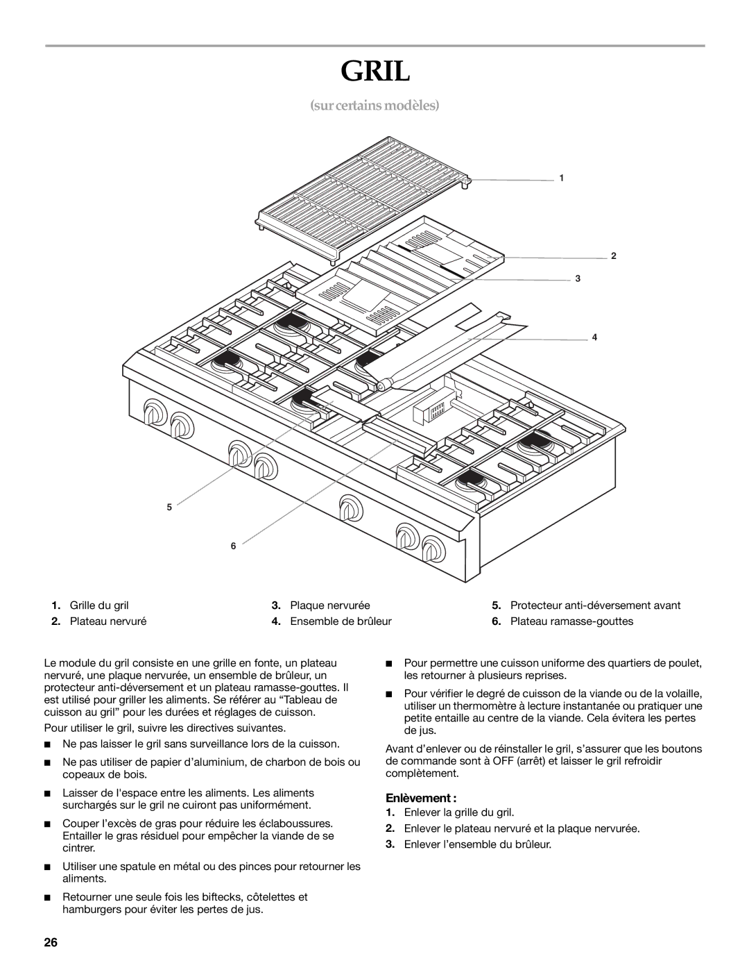 Whirlpool KGCP483, KGCP487, KGCP484, KGCP467, KGCP482, KGCP463, KGCP462 manual Enlèvement, Grille du gril Plaque nervurée 