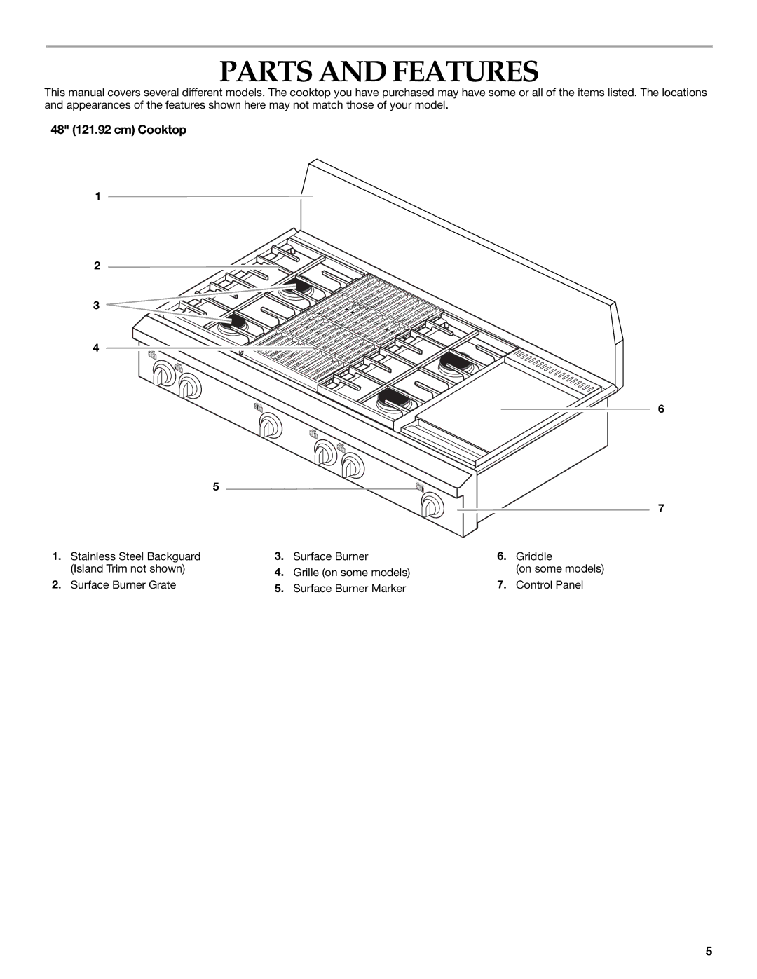 Whirlpool KGCP483 Parts and Features, 48 121.92 cm Cooktop, Surface Burner Griddle Grille on some models, Control Panel 