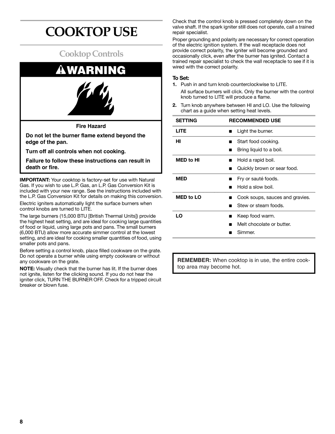 Whirlpool KGCP484, KGCP487, KGCP467, KGCP482 manual Cooktop USE, Cooktop Controls, To Set, Setting Recommended USE Lite, Med 