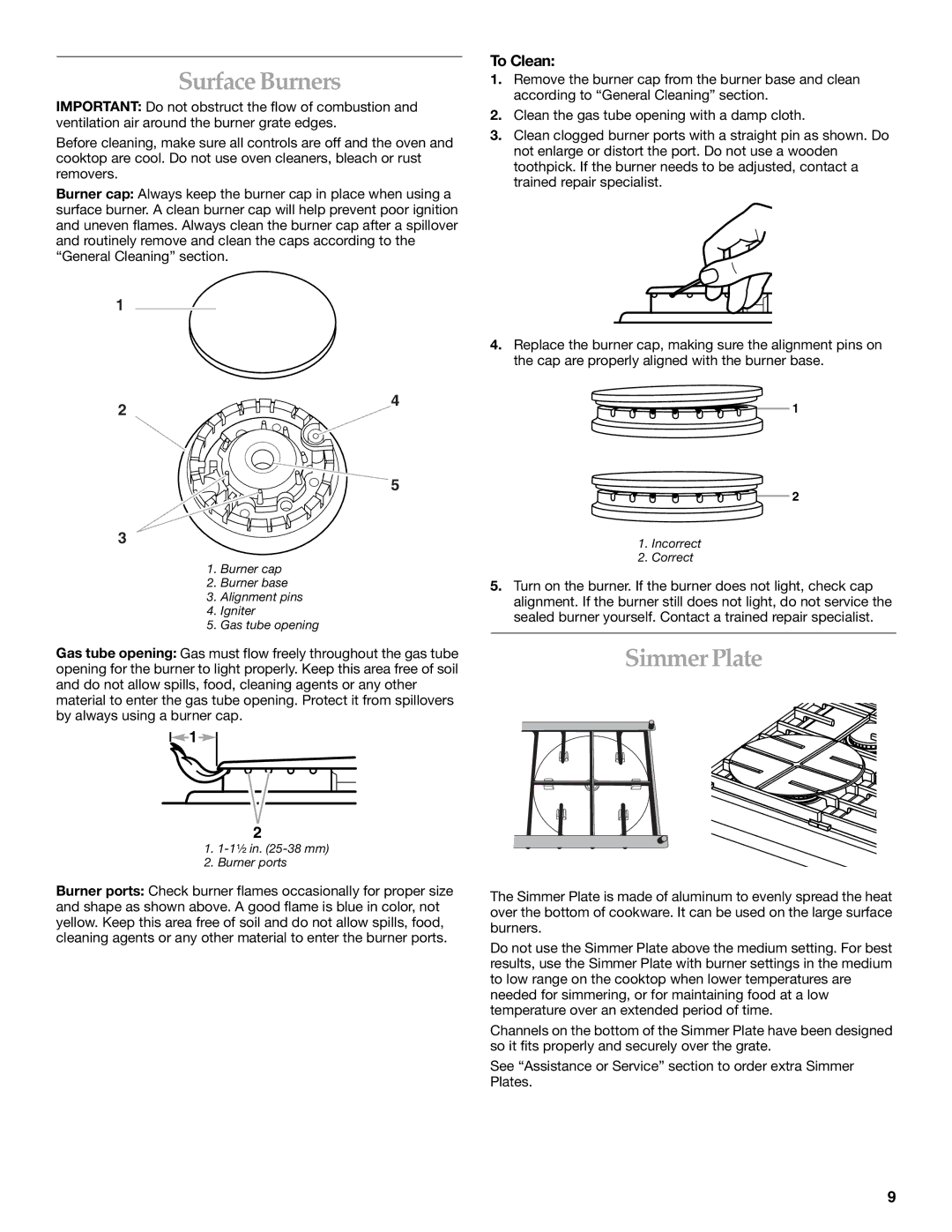 Whirlpool KGCP467, KGCP487, KGCP484, KGCP482, KGCP463, KGCP483, KGCP462 manual Surface Burners, Simmer Plate, To Clean 