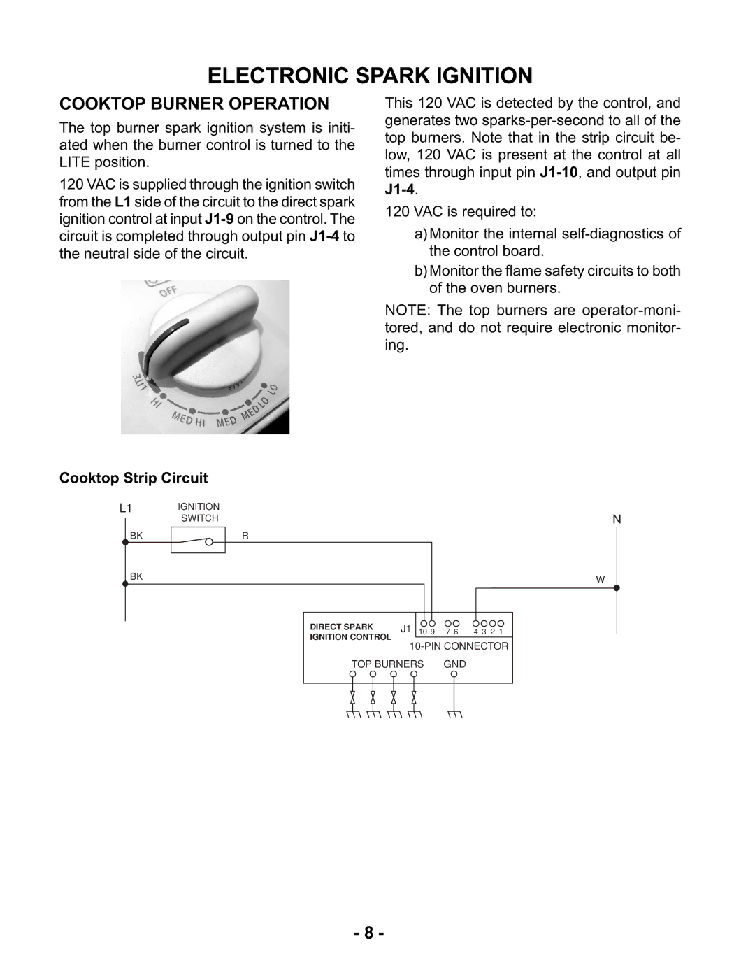 Whirlpool KR-28 manual Electronic Spark Ignition, Cooktop Burner Operation, Cooktop Strip Circuit 