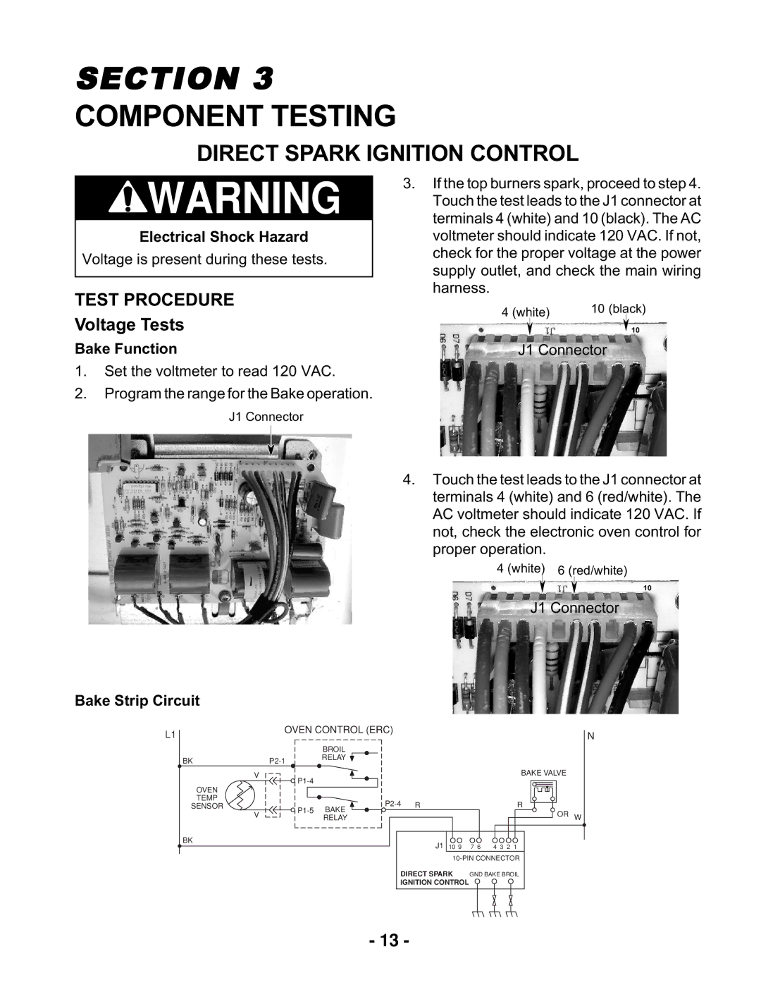 Whirlpool KR-28 manual Component Testing, Test Procedure, Electrical Shock Hazard, Bake Function, Bake Strip Circuit 