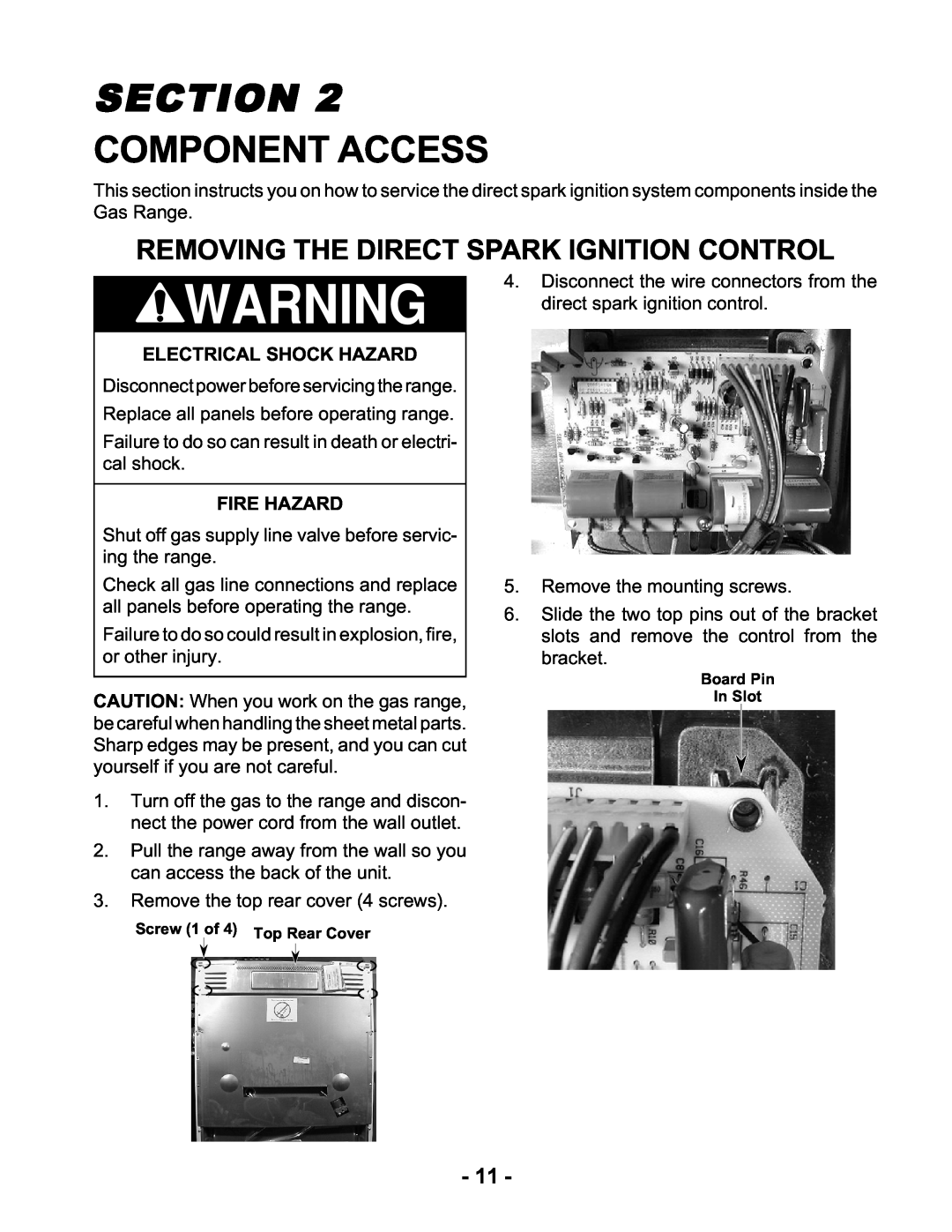 Whirlpool KR-28 manual Component Access, Removing The Direct Spark Ignition Control, Electrical Shock Hazard, Fire Hazard 