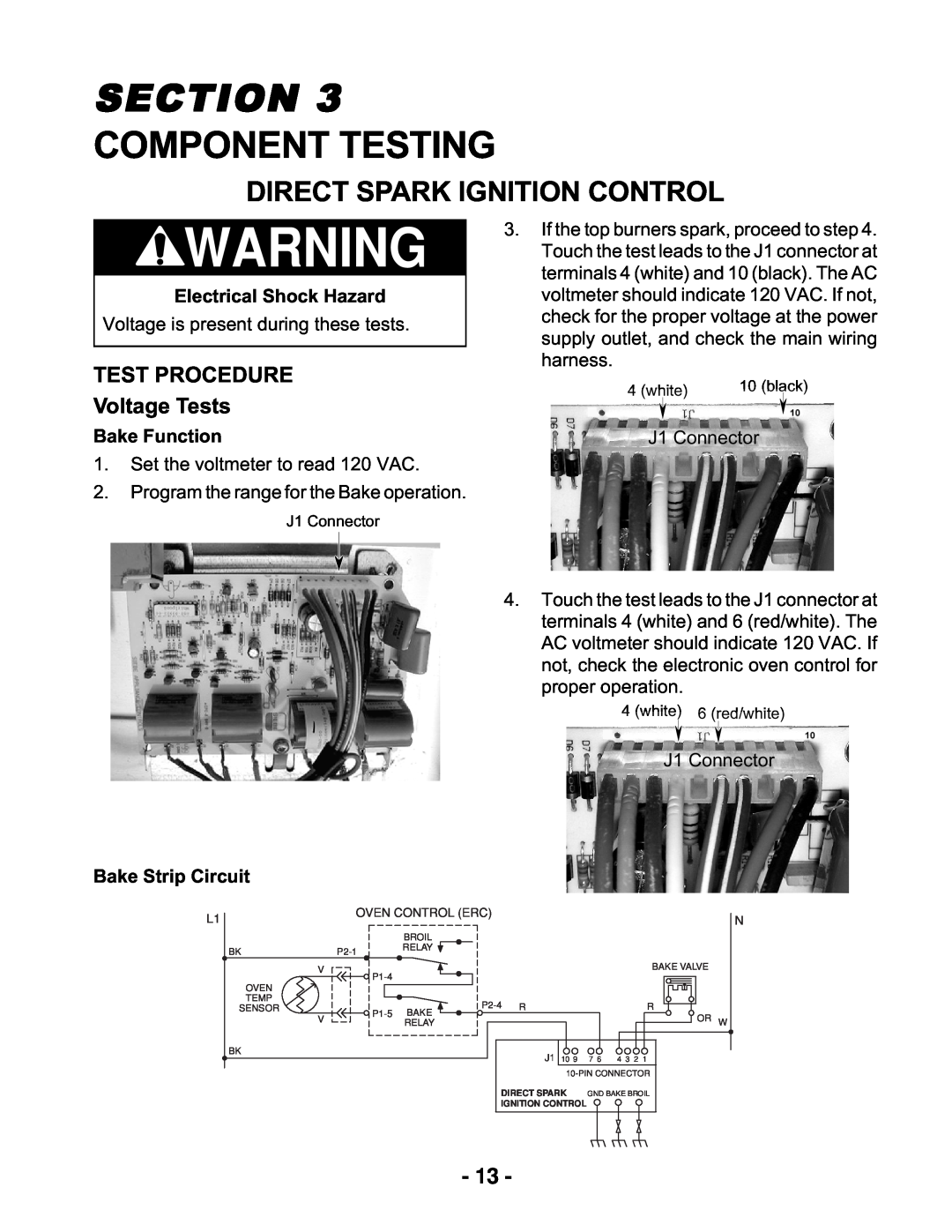 Whirlpool KR-28 manual Component Testing, TEST PROCEDURE Voltage Tests, Electrical Shock Hazard, Bake Function, Section 