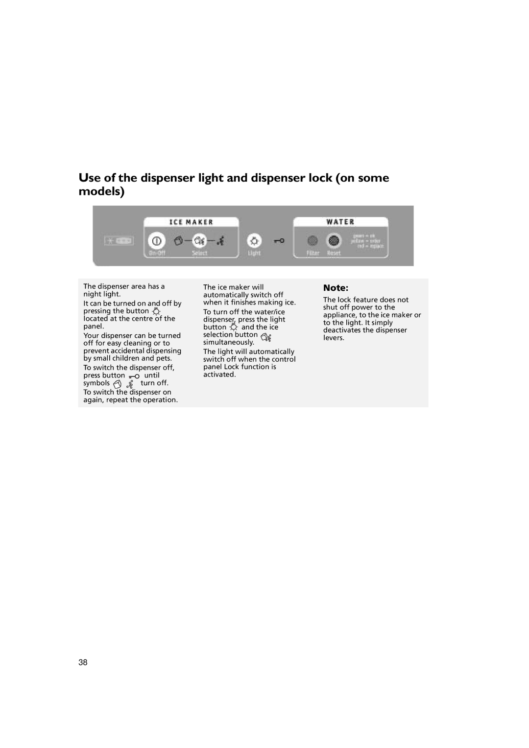 Whirlpool KSDN 5061/A manual Use of the dispenser light and dispenser lock on some models 