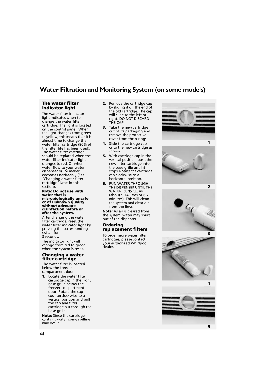 Whirlpool KSDN 5061/A manual Water Filtration and Monitoring System on some models, Water filter indicator light 