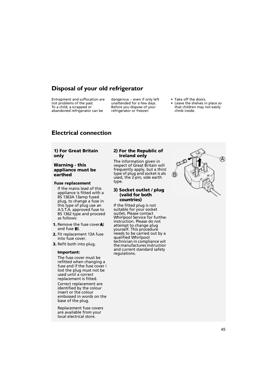 Whirlpool KSDN 5061/A manual Disposal of your old refrigerator, Electrical connection, For Great Britain only 