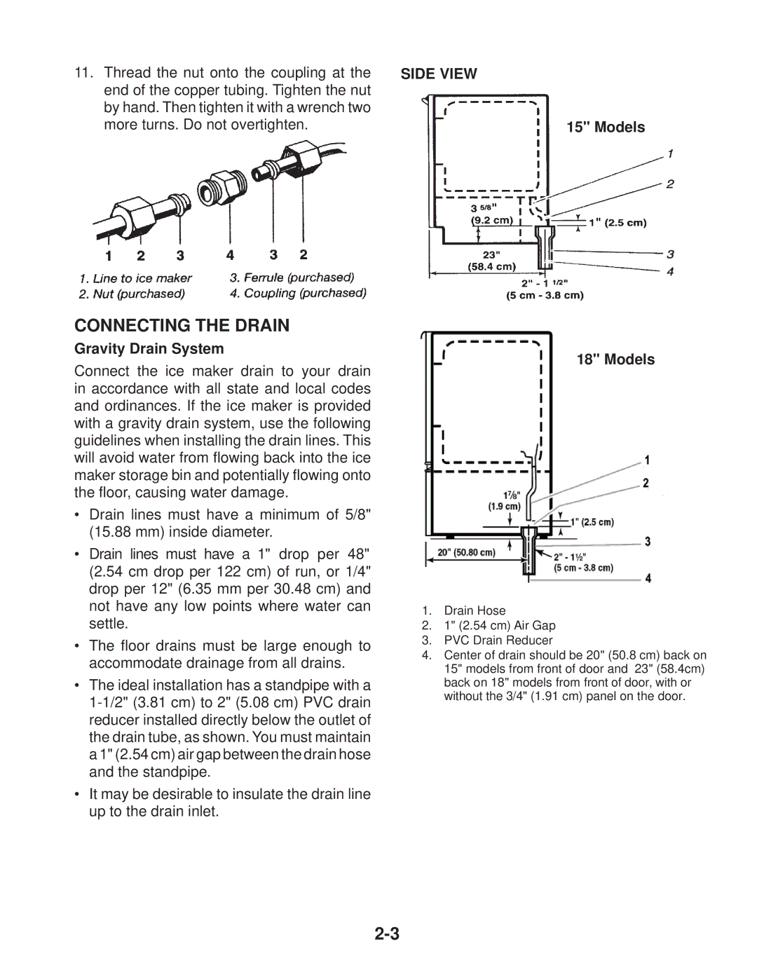 Whirlpool KUIA15PLL*11, KUIA18NNJ*11, KUIA15NRH*11, KUIA15PRL*11 manual Connecting the Drain, Gravity Drain System, Models 