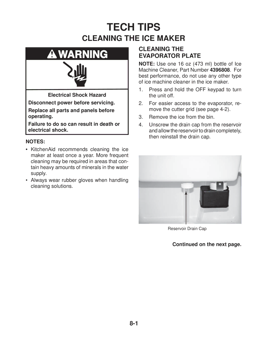 Whirlpool KUIA15PLL*11, KUIA18NNJ*11, KUIA15NRH*11 manual Tech Tips, Cleaning the ICE Maker, Cleaning Evaporator Plate 