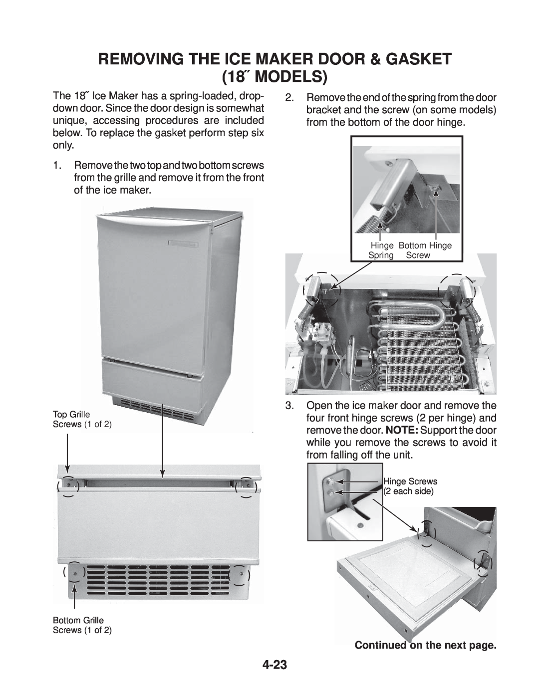 Whirlpool KUIA15NRH*11 REMOVING THE ICE MAKER DOOR & GASKET 18˝ MODELS, Continued on the next page, Top Grille Screws 1 of 