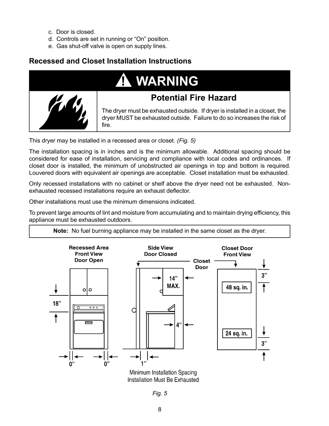 Whirlpool L-63 manual Potential Fire Hazard, Recessed and Closet Installation Instructions 