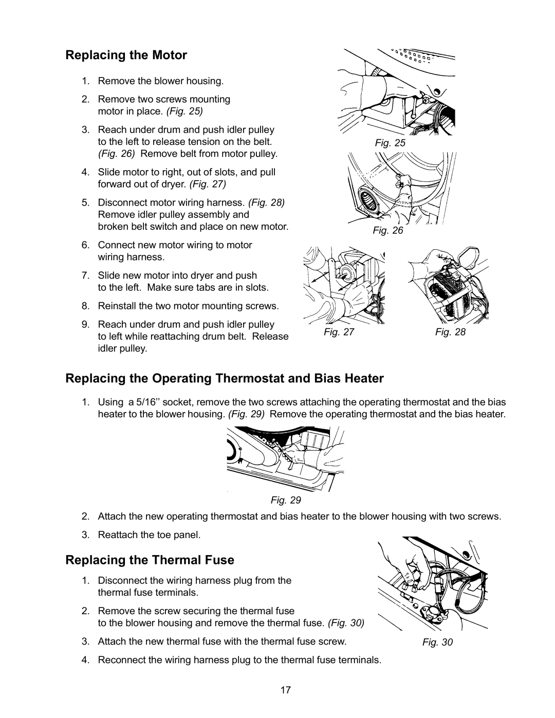 Whirlpool L-63 manual Replacing the Motor, Replacing the Operating Thermostat and Bias Heater, Replacing the Thermal Fuse 