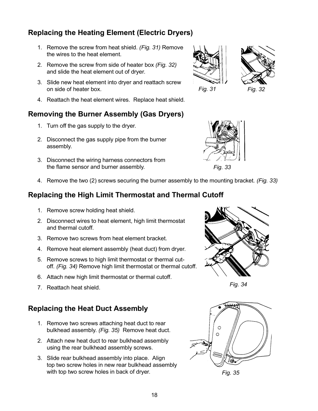 Whirlpool L-63 manual Replacing the Heating Element Electric Dryers, Removing the Burner Assembly Gas Dryers 