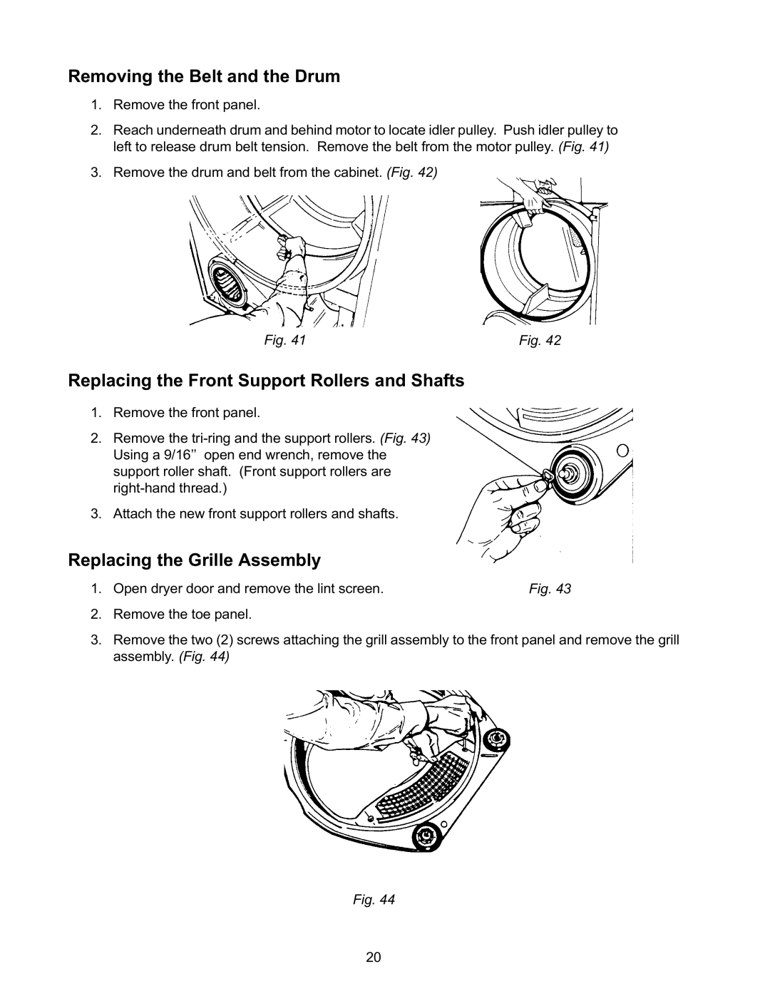 Whirlpool L-63 manual Removing the Belt and the Drum, Replacing the Front Support Rollers and Shafts 