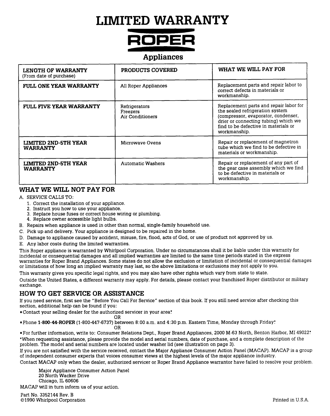 Whirlpool AL5143V From date of purchase, All Roper Appliances, Refrigerators, Freezers, Air Conditioners, Microwave Ovens 