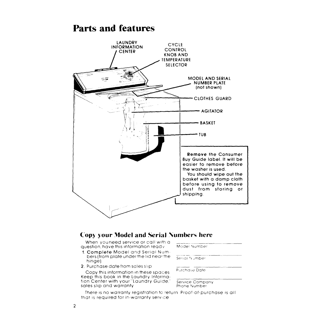 Whirlpool LA33OOXP manual Parts Features, Cops your .Model and Serial Numbers here, Laundry, Lnter 