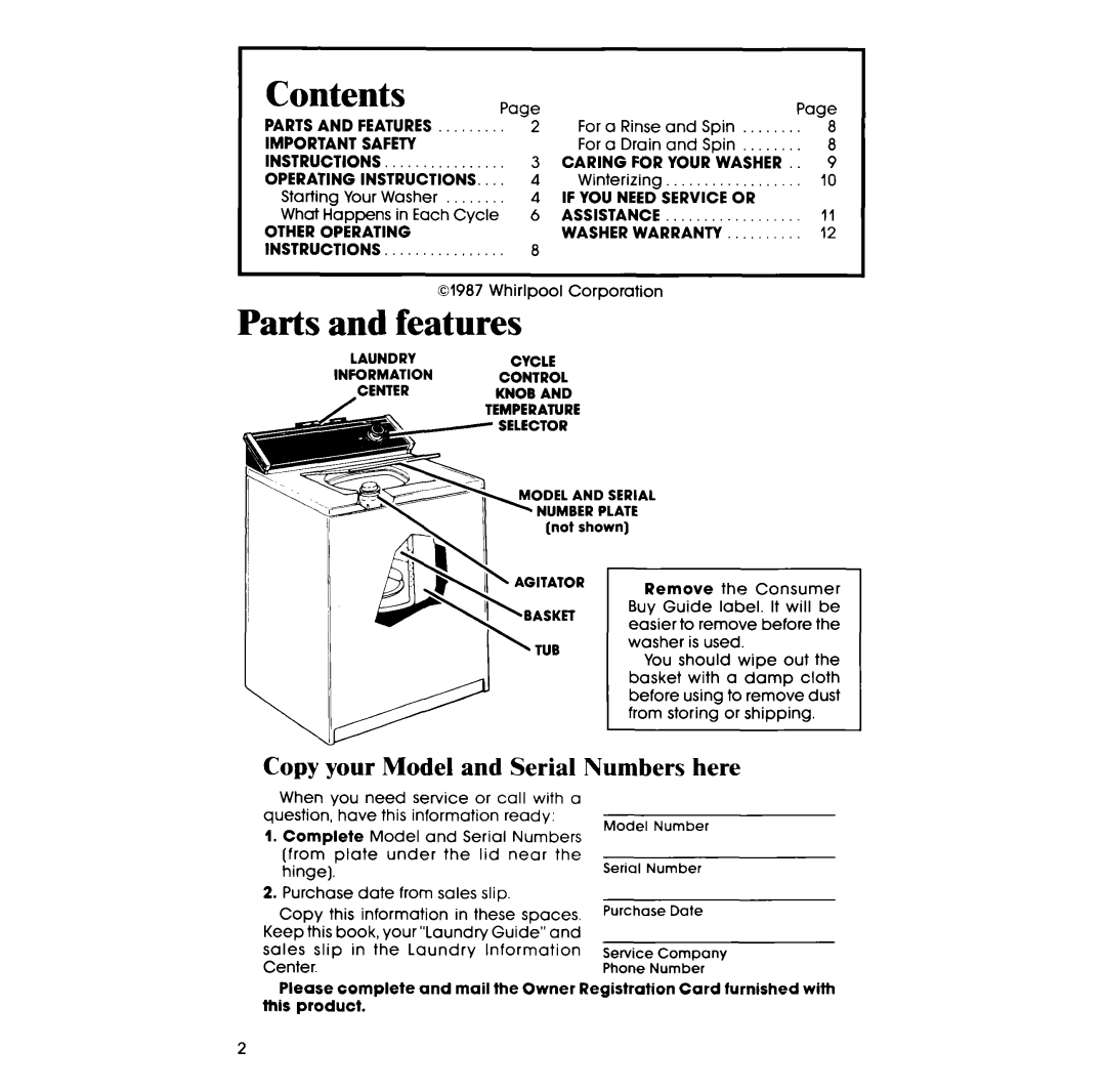 Whirlpool LA33ooxs manual Contents, Parts and features 