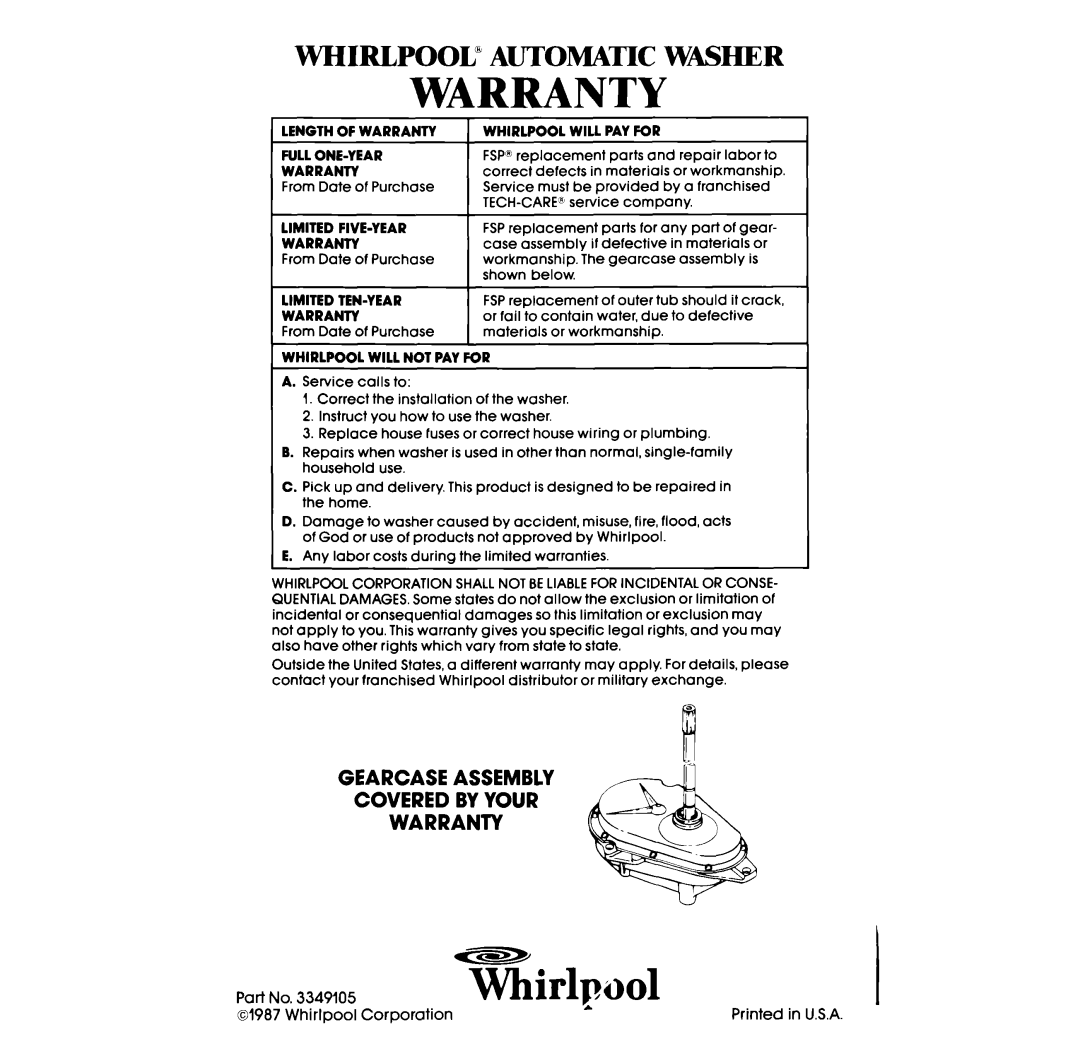 Whirlpool LA33ooxs manual WHIRLPOOL” AuToMATlC WMHER, Gearcase Assembly Covered By Your Warranty 
