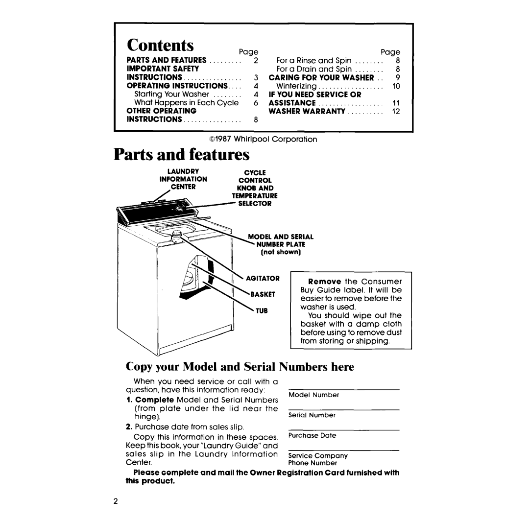 Whirlpool LA33ooxs manual Contents, Parts and features, Copy your Model and Serial Numbers here 
